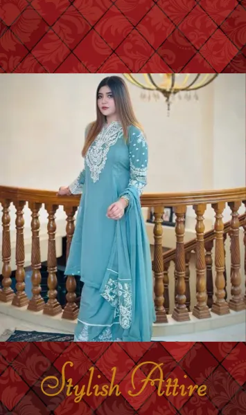 Pakistani Boutique Tail gown Style Chiffon 3Pcs _ Frog Green 